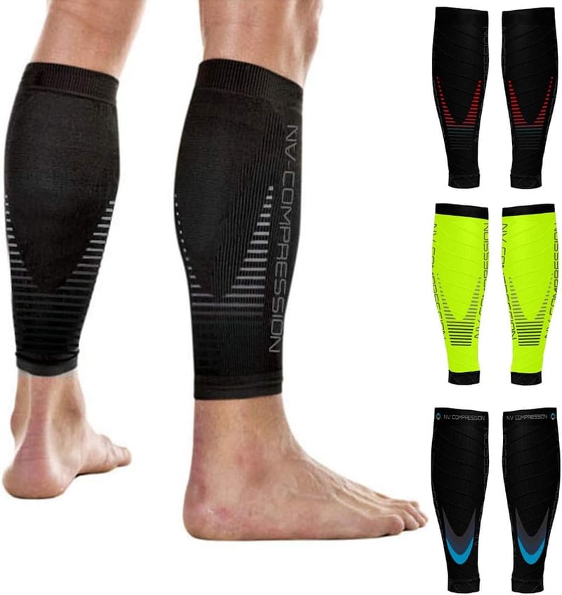 NV Compression lábszár kompressziós harisnya futáshoz, kerékpározáshoz, sporthoz - L-XL (14-19" / 36-48cm), Fluo Yellow/Black Stripes