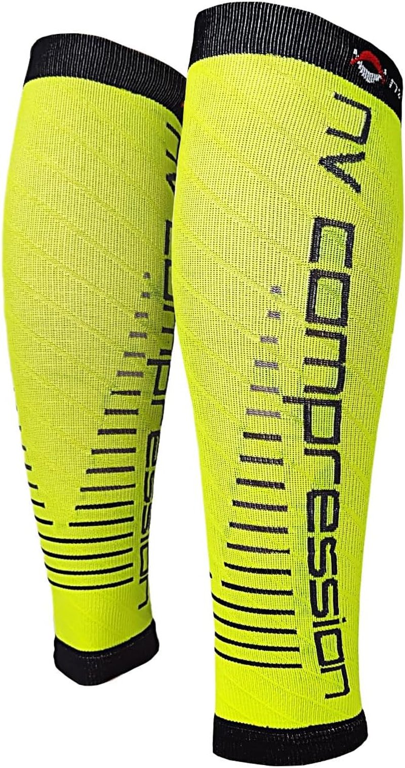 NV Compression lábszár kompressziós harisnya futáshoz, kerékpározáshoz, sporthoz - L-XL (14-19" / 36-48cm), Fluo Yellow/Black Stripes