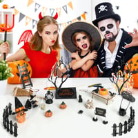 NVGVUP Halloweenska dekorácia do domčeka pre bábiky, miniatúrna súprava trpasličích dverí, pavúk, netopier, tekvica, kostra, náhrobný kameň, metla, čarodejnica, čierna, 20x15x10 cm 7