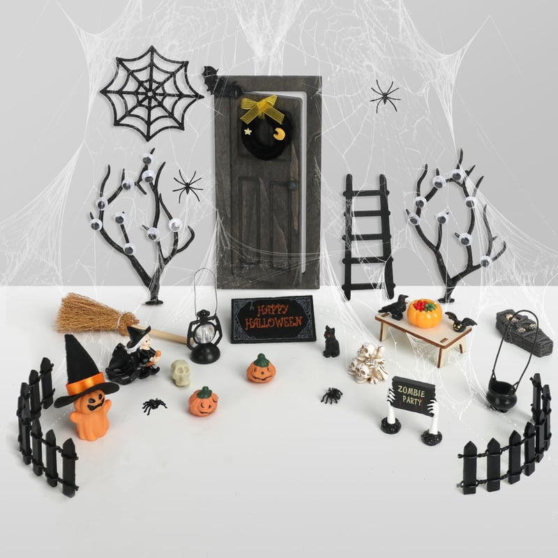NVGVUP Halloweenska dekorácia do domčeka pre bábiky, miniatúrna súprava trpasličích dverí, pavúk, netopier, tekvica, kostra, náhrobný kameň, metla, čarodejnica, čierna, 20x15x10 cm