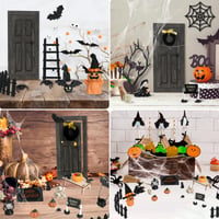 NVGVUP Halloweenska dekorácia do domčeka pre bábiky, miniatúrna súprava trpasličích dverí, pavúk, netopier, tekvica, kostra, náhrobný kameň, metla, čarodejnica, čierna, 20x15x10 cm 6