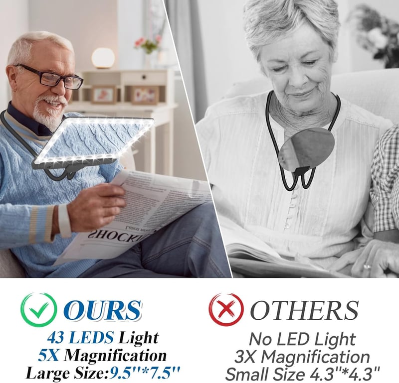 NZQXJXZ 5X Nyakba akasztható LED-es nagyító lupa, 43 LED-es hajlítható gooseneck, 24cm olvasólupa