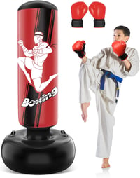 NZQXJXZ Álló Boxzsák 165 cm Felfújható Gyerekeknek, Boxkesztyűvel, MMA, Karate, Taekwondo Edzéshez, Piros, PVC Anyagból 1
