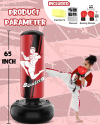 NZQXJXZ Álló Boxzsák 165 cm Felfújható Gyerekeknek, Boxkesztyűvel, MMA, Karate, Taekwondo Edzéshez, Piros, PVC Anyagból 3