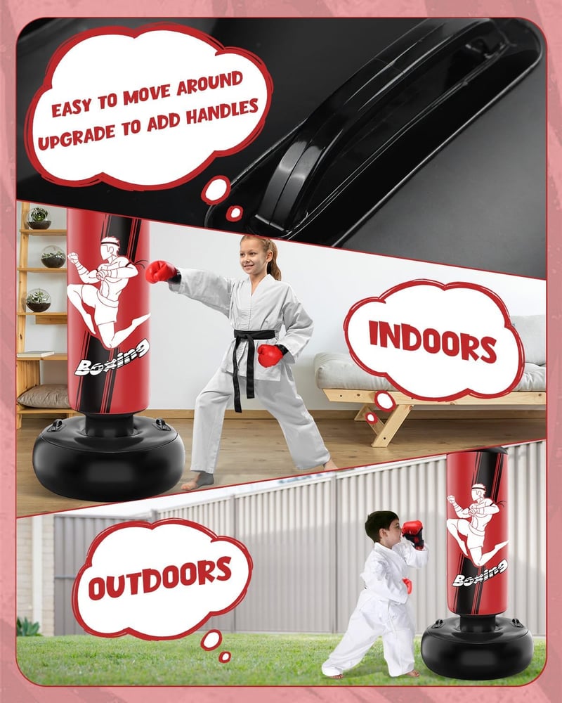 NZQXJXZ Álló Boxzsák 165 cm Felfújható Gyerekeknek, Boxkesztyűvel, MMA, Karate, Taekwondo Edzéshez, Piros, PVC Anyagból