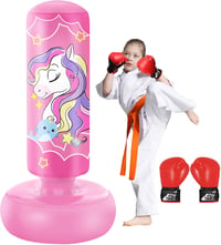 NZQXJXZ Felfújható Gyerek Boxzsák 168 cm - Szabadon Álló Edzőeszköz Karate, Taekwondo, MMA Gyakorlásához - Rózsaszín PVC Boksz Szett Kesztyű 1