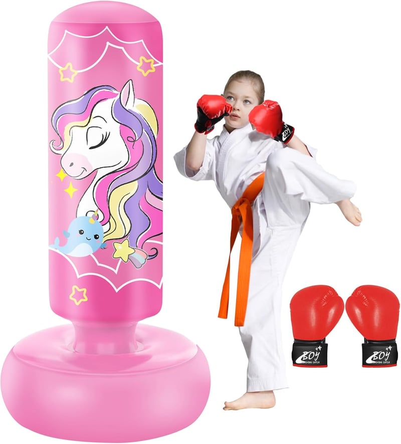 NZQXJXZ Felfújható Gyerek Boxzsák 168 cm - Szabadon Álló Edzőeszköz Karate, Taekwondo, MMA Gyakorlásához - Rózsaszín PVC Boksz Szett Kesztyű