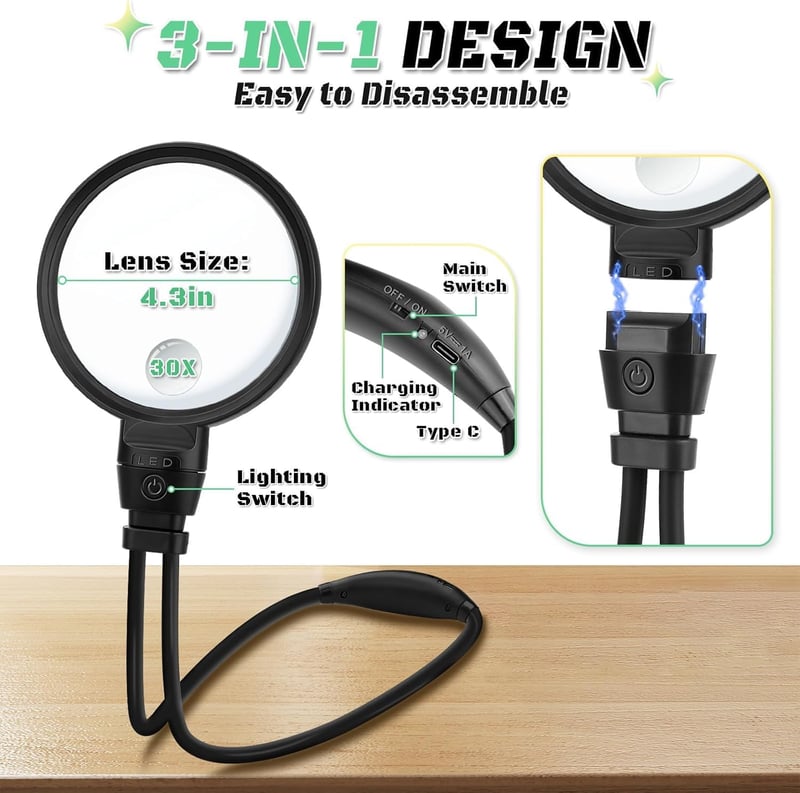 NZQXJXZ Kéz Nélküli Nagyító Világítással - 10x Nagyítás, 3 Féle Fénymód, Állítható Nyakpánt, USB Tölthető, Olvasáshoz, Varráshoz, Időseknek