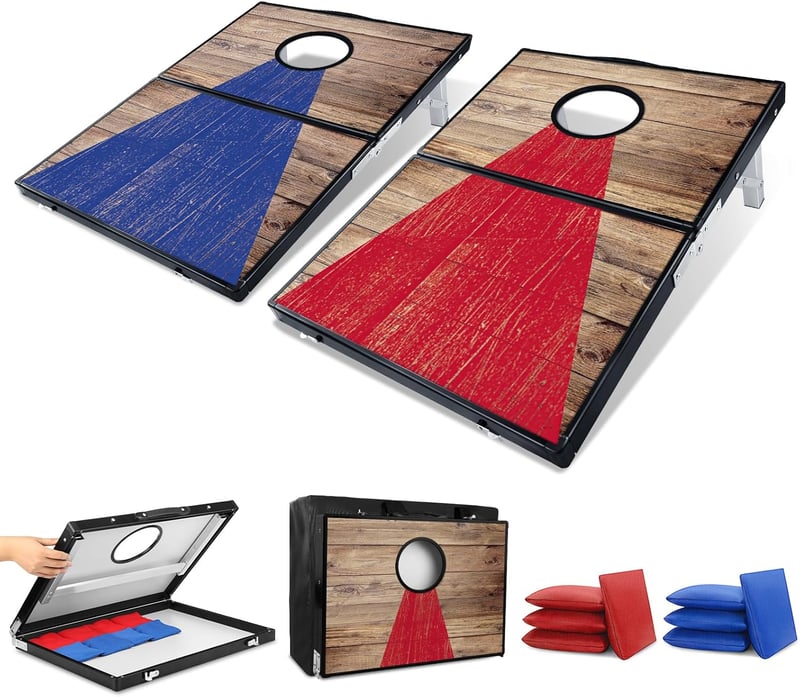 NZQXJXZ Összecsukható Alumínium Cornhole Játék 90x30 cm - Hordozható Dobójáték 8 Zsákkal és Táskával Kertbe, Strandra, Kempingezéshez