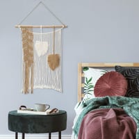 Decorațiune de perete Oairse Boho din macrame, model frunză cu ciucuri, realizată manual, kaki, pentru dormitor, camera copiilor sau sufragerie 4