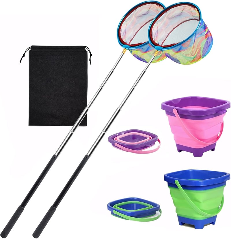 Set 2 plase de pescuit telescopice OBDKCAN, 65-175 cm, plasă pentru fluturi, plasă pentru insecte și plasă de pescuit pentru copii, pentru plajă, lac, grădină și piscină