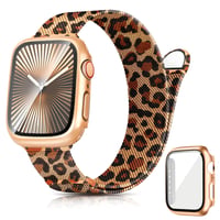 Ocaer Kovový magnetický remienok s puzdrom pre Apple Watch 40 mm, nerezová oceľ Mesh Loop, ružové zlato s leopardím vzorom, Apple Watch SE 1