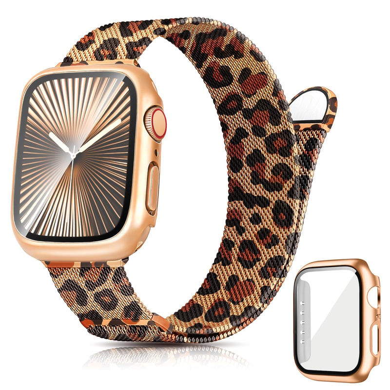 Ocaer Kovový magnetický remienok s puzdrom pre Apple Watch 40 mm, nerezová oceľ Mesh Loop, ružové zlato s leopardím vzorom, Apple Watch SE