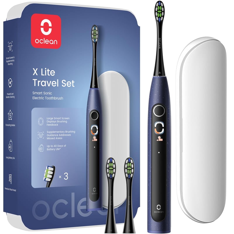 Set cadou periuță de dinți sonică Oclean X Lite albastră, 3 capete de rezervă, rezistentă la apă IPX7, 5 programe de curățare, temporizator, etui de călătorie