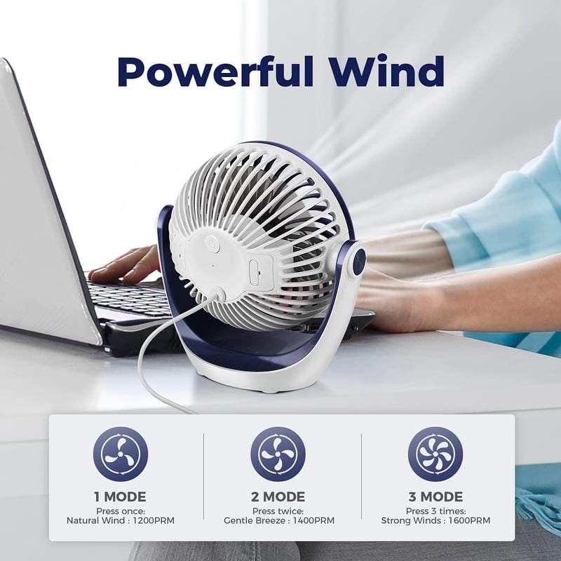 Ocoopa USB Asztali Ventilátor, Erős Légárammal, 3 Sebességfokozattal, 360° Forgatható Fejjel, Hordozható, Csendes Működésű Irodai és Otthoni