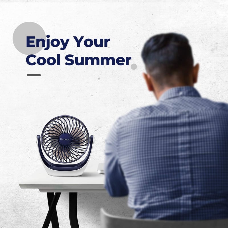 Ocoopa USB Asztali Ventilátor, Erős Légárammal, 3 Sebességfokozattal, 360° Forgatható Fejjel, Hordozható, Csendes Működésű Irodai és Otthoni