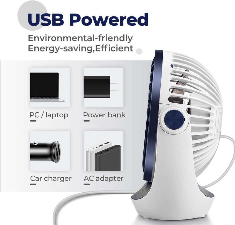 Ocoopa USB Asztali Ventilátor, Erős Légárammal, 3 Sebességfokozattal, 360° Forgatható Fejjel, Hordozható, Csendes Működésű Irodai és Otthoni