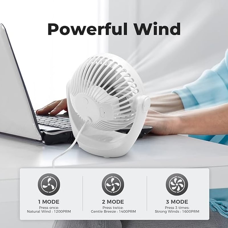 OCOOPA USB Asztali Ventilátor, Halk Asztali Ventilátor 3 Fokozat, 360° Forgatható Asztali Ventilátor