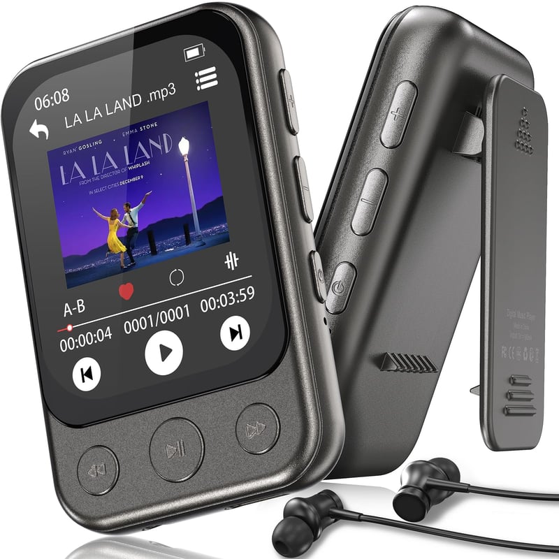 MP3 prehrávač ODEJOI 64 GB s Bluetooth 5.3, klipom, dotykovou obrazovkou, tlačidlami a vstavaným reproduktorom