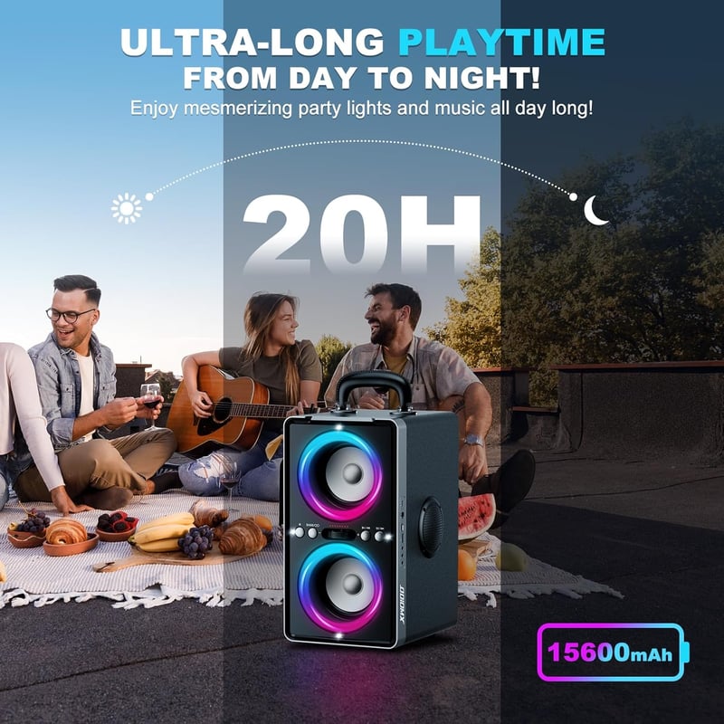 ODIOMX 200W Bluetooth hangfal LED fényjátékkal, 105dB sztereó basszus, TWS párosítás, gyorstöltés