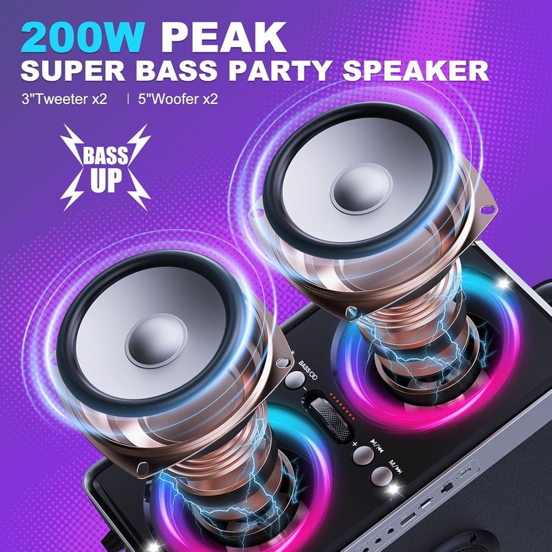 ODIOMX 200W Bluetooth hangfal LED fényjátékkal, 105dB sztereó basszus, TWS párosítás, gyorstöltés