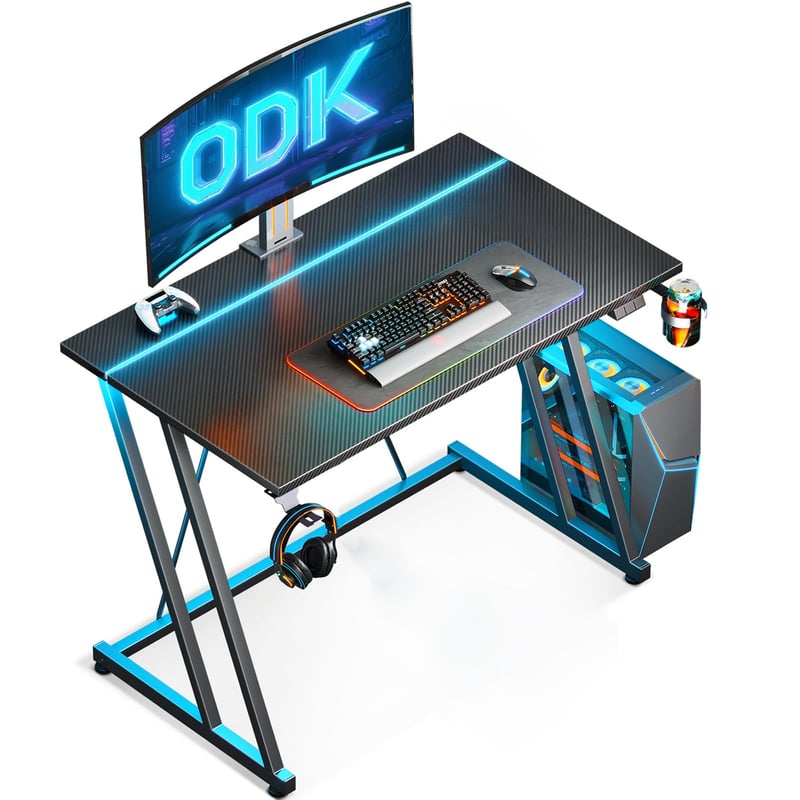 Herný stôl ODK s LED osvetlením, 80x50 cm, s dvojitým Z-rámom, držiakom na pohár a vešiakom na slúchadlá, karbónový čierny PC stôl