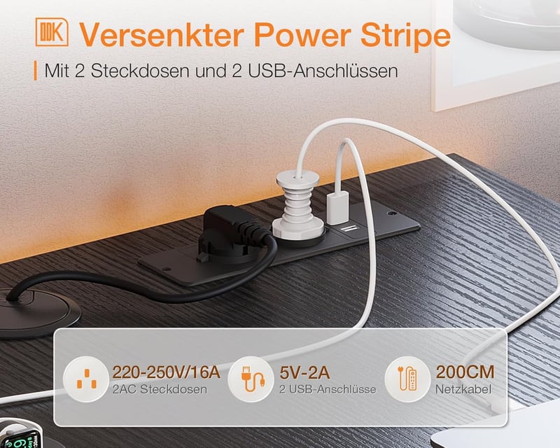 ODK L alakú sarokasztal LED világítással, USB és aljzattal, 4 fiókos irodai asztal