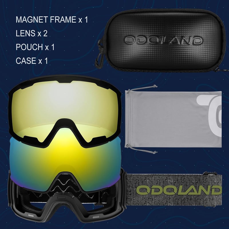 Odoland Sí és Snowboard Szemüveg 2 Mágneses Cserélhető Lencsével - Páramentes, UV-védelemmel, Sisakkompatibilis, Tokkal, Férfiaknak és Nőkne