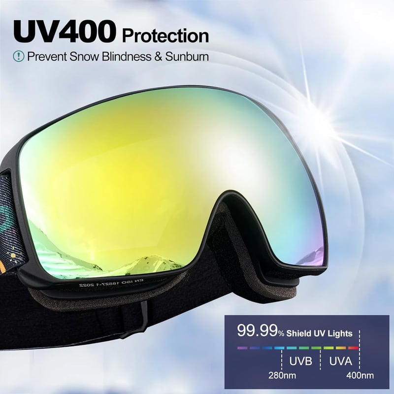 Odoland Sí és Snowboard Szemüveg Gyerekeknek - UV400 Védelem, Párásodásgátló, Szélálló OTG Lencsével, Arany