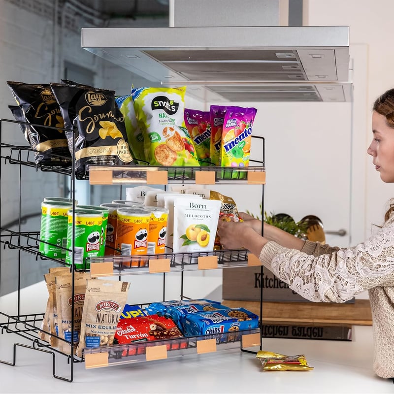 ODOXIA Fém Édességtartó Polc - Fekete Króm Snack Állvány Üzletekbe, Otthonba, Irodába - Többszintes Élelmiszer Szervező Pultokra