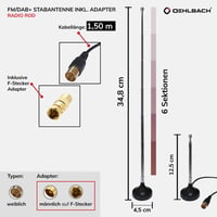 Oehlbach Radio Rod DAB+ anténa – interiérová rádiová anténa pre príjem DAB+ a FM/UKW, vysúvateľná, s magnetickou základňou, s adaptérom F-konektora, čierna 3