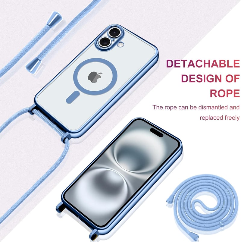 Oelrstfe mágneses telefontartó nyakpánt iPhone 16 Plus kék átlátszó tok lánccal - iPhone 16 Plus, Blue