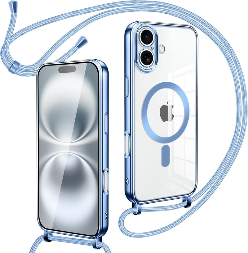 Oelrstfe mágneses telefontartó nyakpánt iPhone 16 Plus kék átlátszó tok lánccal - iPhone 16 Plus, Blue