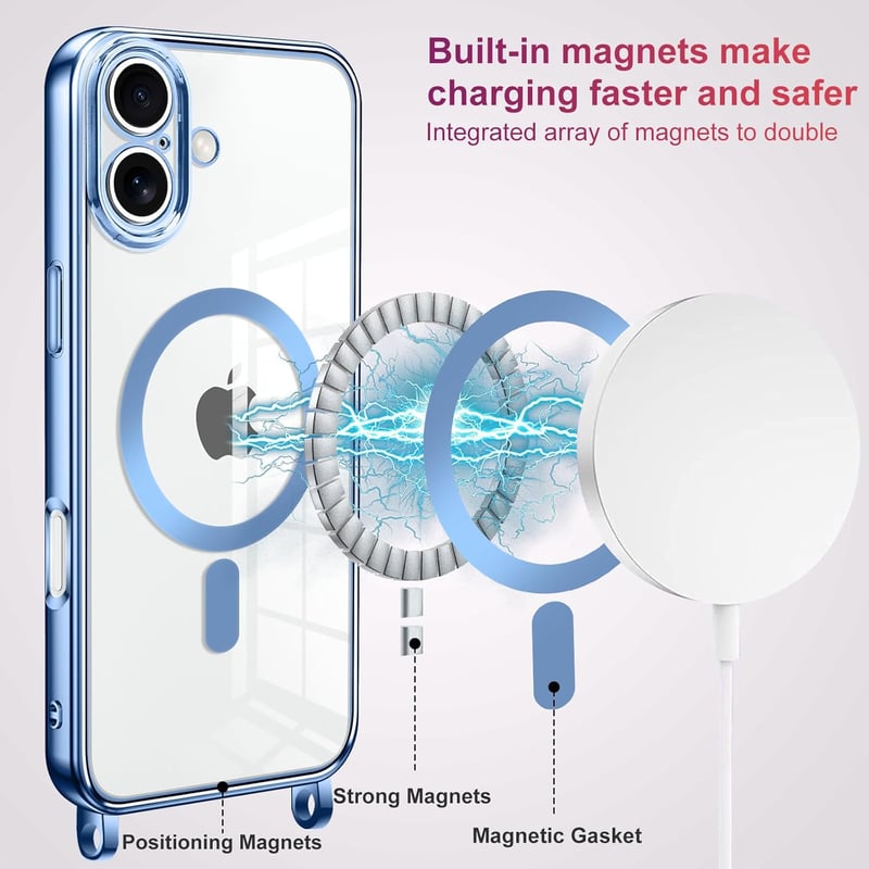 Oelrstfe mágneses telefontartó nyakpánt iPhone 16 Plus kék átlátszó tok lánccal - iPhone 16 Plus, Blue