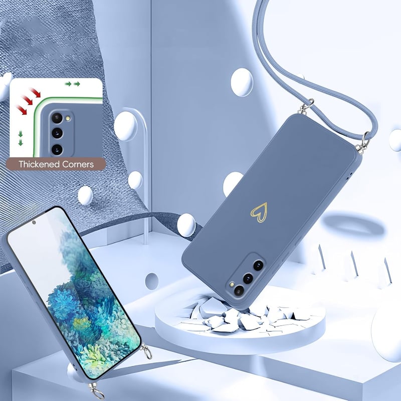 Oelrstfe Samsung Galaxy S20 szilikon tok szívmotívummal, nyakpánttal, ütésálló védelem - Samsung Galaxy S20, Blue