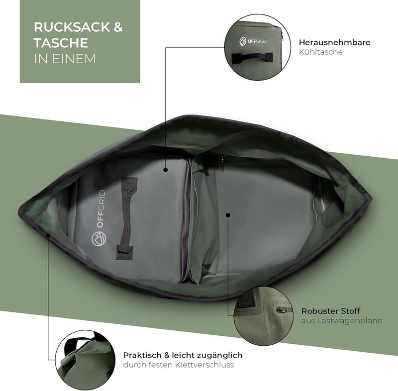OFFGRID 70L vízálló hátizsák hűtőtáskával, hordozható outdoor táska vízisporthoz