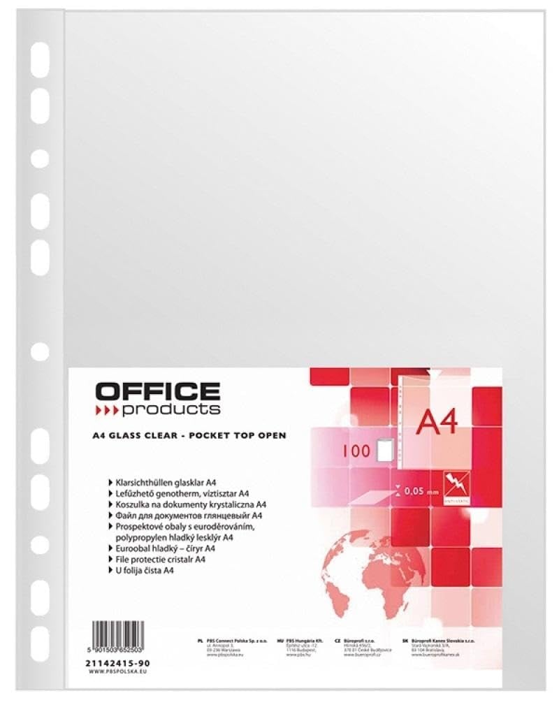 OFFICER PRODUCTS Priehľadné zakladacie obaly A4 – 100 ks, zhora otváracie, dierované, plastové euroobaly, PP 50 mikrónov, krištáľovo čisté