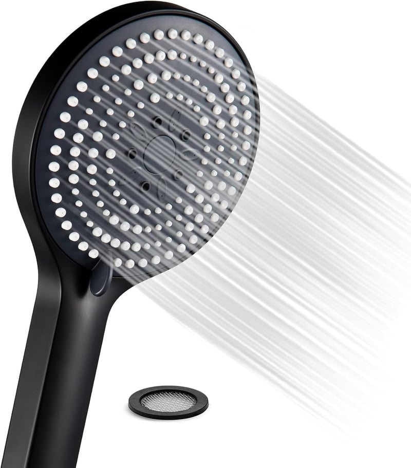 OFFO Fekete Zuhanyfej 130mm - 6 Vízsugár Típussal, Víztakarékos, XXL Méretű Kerek Zuhanyrózsa Fürdőszobába, Falra Szerelhető Műanyag Zuhanyf