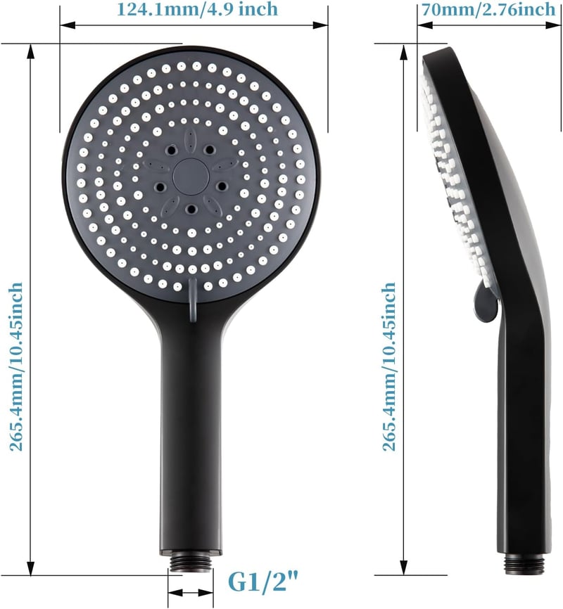 OFFO Fekete Zuhanyfej 130mm - 6 Vízsugár Típussal, Víztakarékos, XXL Méretű Kerek Zuhanyrózsa Fürdőszobába, Falra Szerelhető Műanyag Zuhanyf
