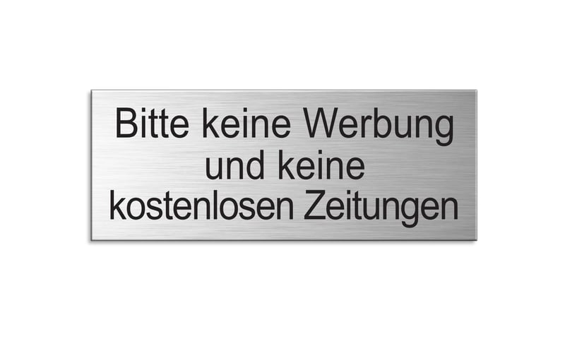 OFFORM DESIGN Plăcuță pentru cutia poștală „Vă rugăm, nu lăsați reclame sau ziare gratuite”, 66x25 mm, aluminiu eloxat, aspect de oțel inoxidabil