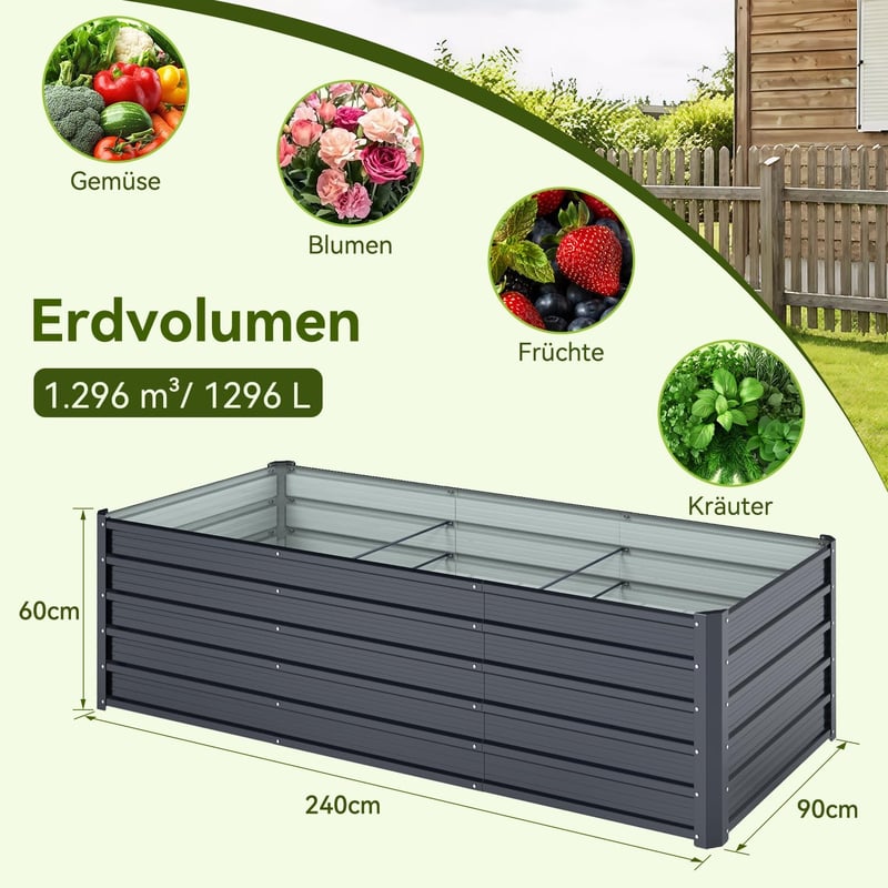 Ohuhu Fém Magaságyás 240x90x60cm Rozsdamentes Acél Zöldség Virág Herb