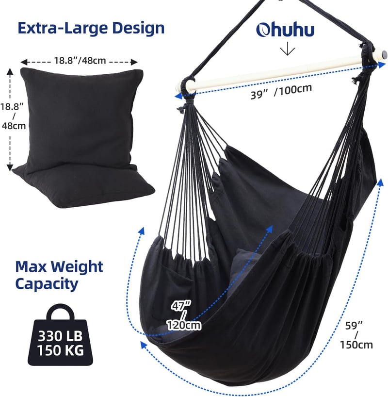 Ohuhu függőfotel 150 kg-ig, 2 párnával és szerelészettel, beltéri-kültéri - Black