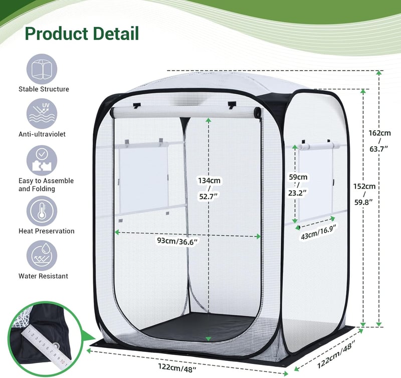 Ohuhu Pop-Up Fóliasátor 125x125x170cm Hordozható Kerti Növényvédő Sátor Levehető Alappal