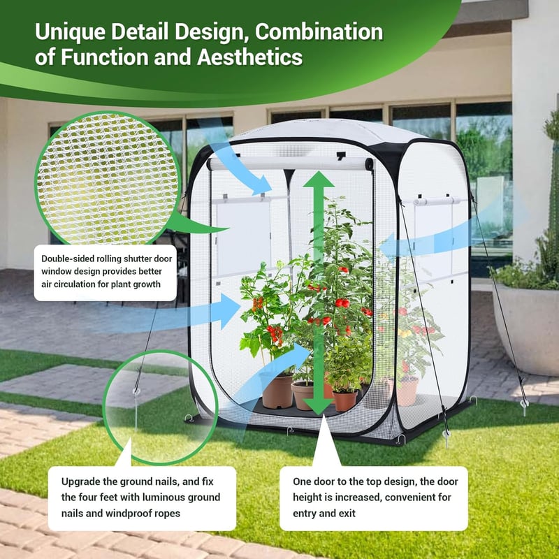 Ohuhu Pop-Up Fóliasátor 125x125x170cm Hordozható Kerti Növényvédő Sátor Levehető Alappal