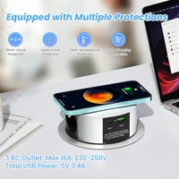 Ohuo 3-funkciós kihúzható asztali aljzat USB-C és 10 W vezeték nélküli töltővel 2 USB Type A, 1.8 m kábel, 120 mm 3