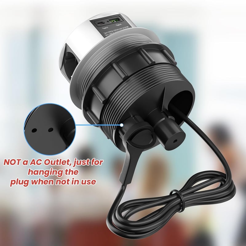 Ohuo 3-funkciós kihúzható asztali aljzat USB-C és 10 W vezeték nélküli töltővel 2 USB Type A, 1.8 m kábel, 120 mm