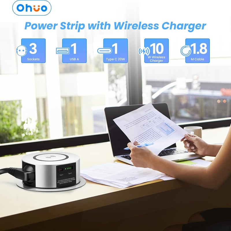 Ohuo 3-funkciós kihúzható asztali aljzat USB-C és 10 W vezeték nélküli töltővel 2 USB Type A, 1.8 m kábel, 120 mm