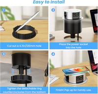 Ohuo 3-funkciós kihúzható asztali aljzat USB-C és 10 W vezeték nélküli töltővel 2 USB Type A, 1.8 m kábel, 120 mm 7