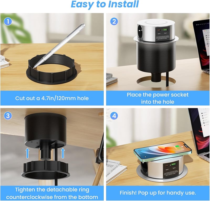 Ohuo 3-funkciós kihúzható asztali aljzat USB-C és 10 W vezeték nélküli töltővel 2 USB Type A, 1.8 m kábel, 120 mm