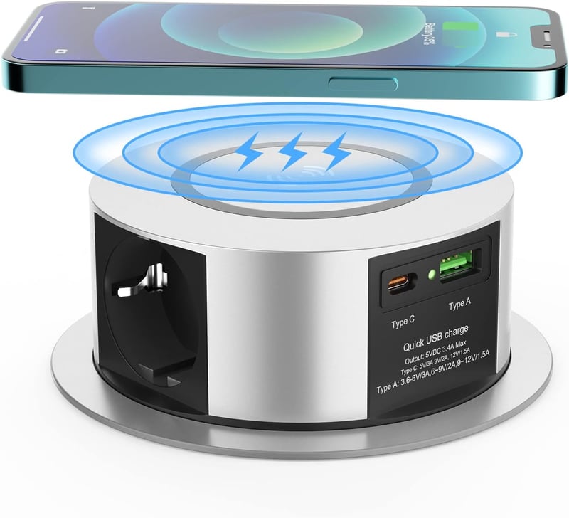 Ohuo 3-funkciós kihúzható asztali aljzat USB-C és 10 W vezeték nélküli töltővel 2 USB Type A, 1.8 m kábel, 120 mm